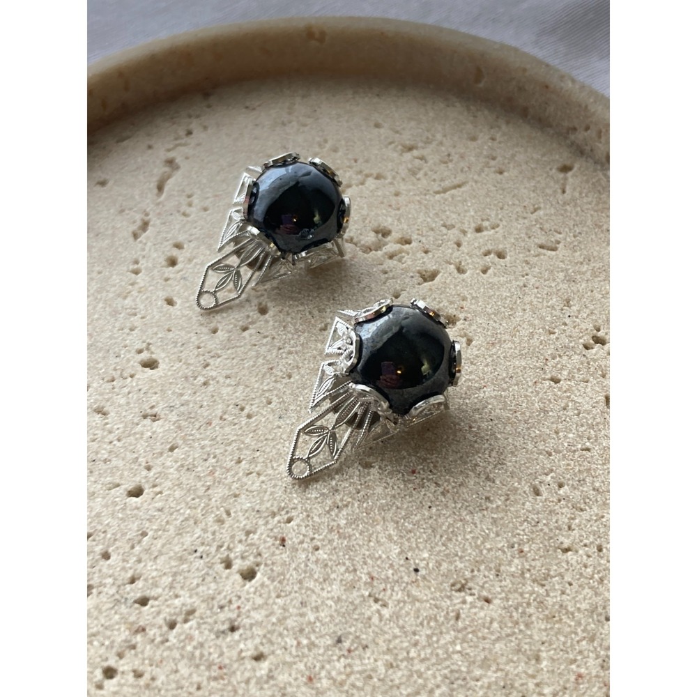 Vintage Art Deco Clip-On Earrings‎ Silver Tone Black Cabochon Filigree Chunky